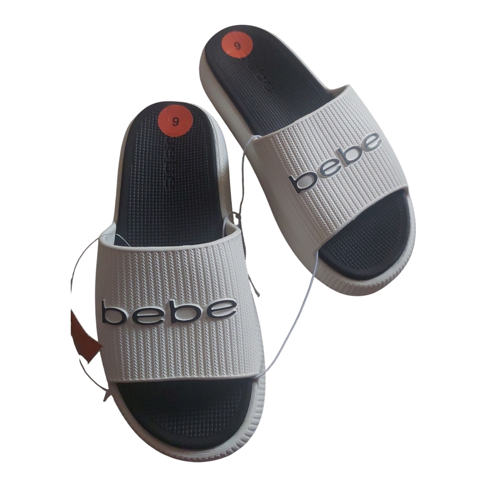 Bebe White and Black Slide Sandals